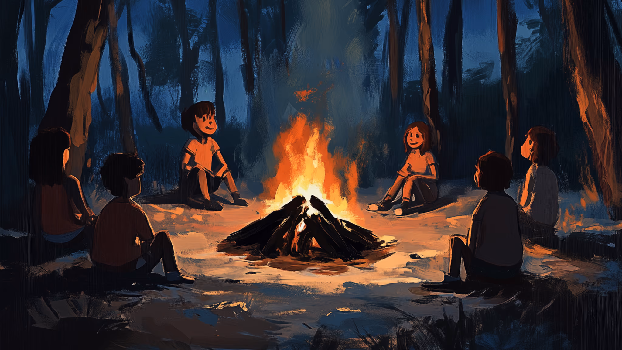 Ilustración de Campamento Misterio: niñas y niños alrededor de una fogata en el bosque